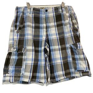 Lee Dungarees Men's Belted Wyoming Cargo Short Blue Plaid Size 36 EUC